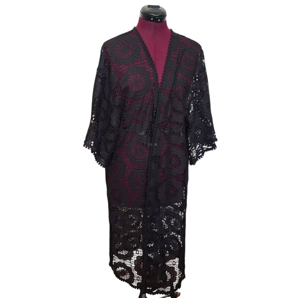 Wild Moss Black Lace Kimono Duster Cardigan Size S - Picture 3 of 7